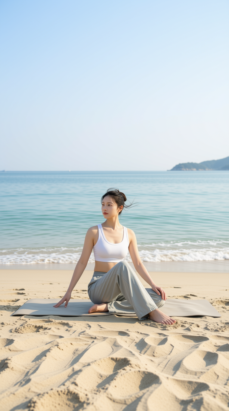 A woman in a calm seated somatic movement posture on a mat on a sandy beach beside the ocean