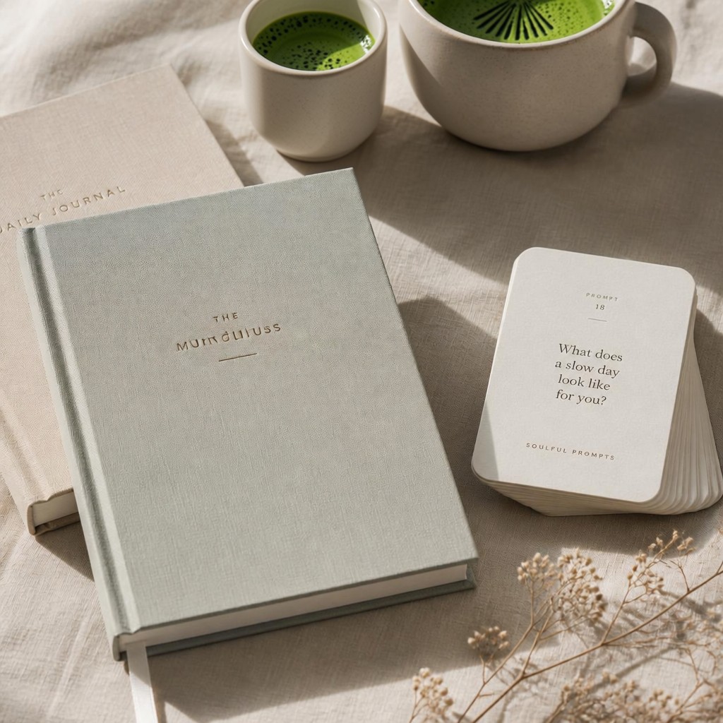 The Mindfulness journal with soulful prompt cards, ceramic cups of matcha, and dried flowers on natural linen