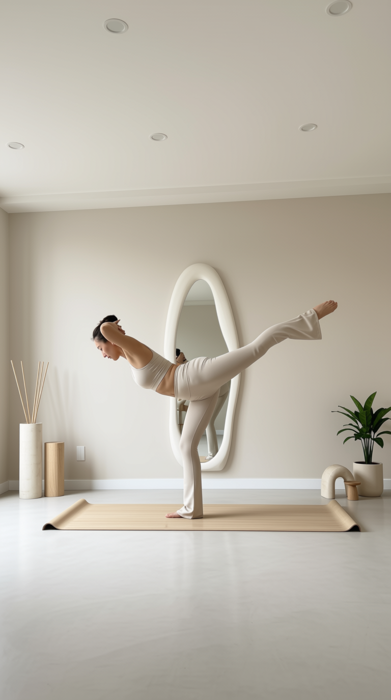 A high-precision, low-impact standing arabesque balance pose on a bamboo mat in a serene minimalist studio